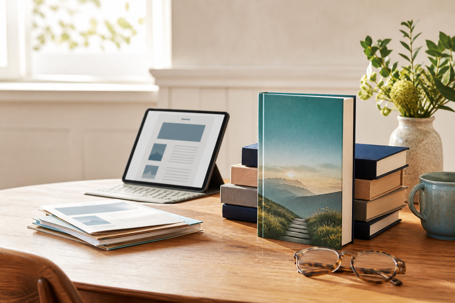 Books, reading glasses, and a newsletter-ready tablet on a bright desk
