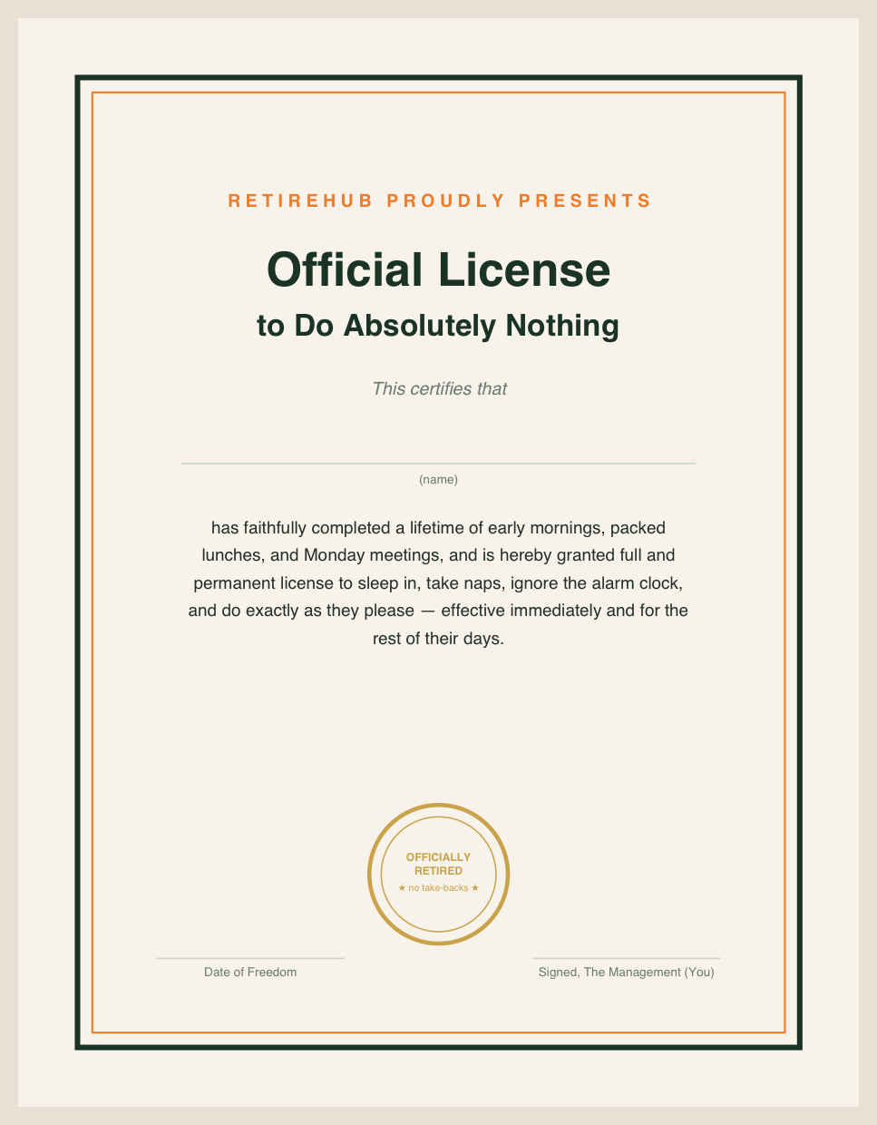 Preview of the Congratulations You're Retired kit's License to Do Nothing certificate