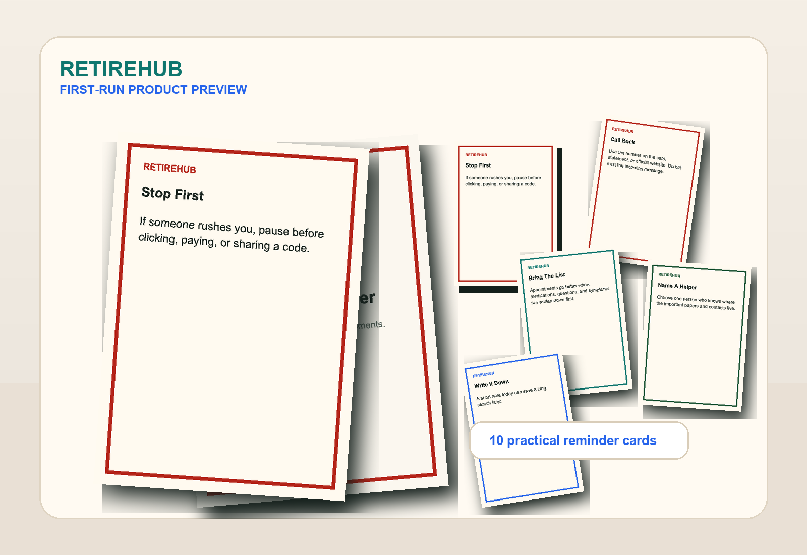 Production-file preview image for RetireHub Helpful Reminder 10-Card Pack