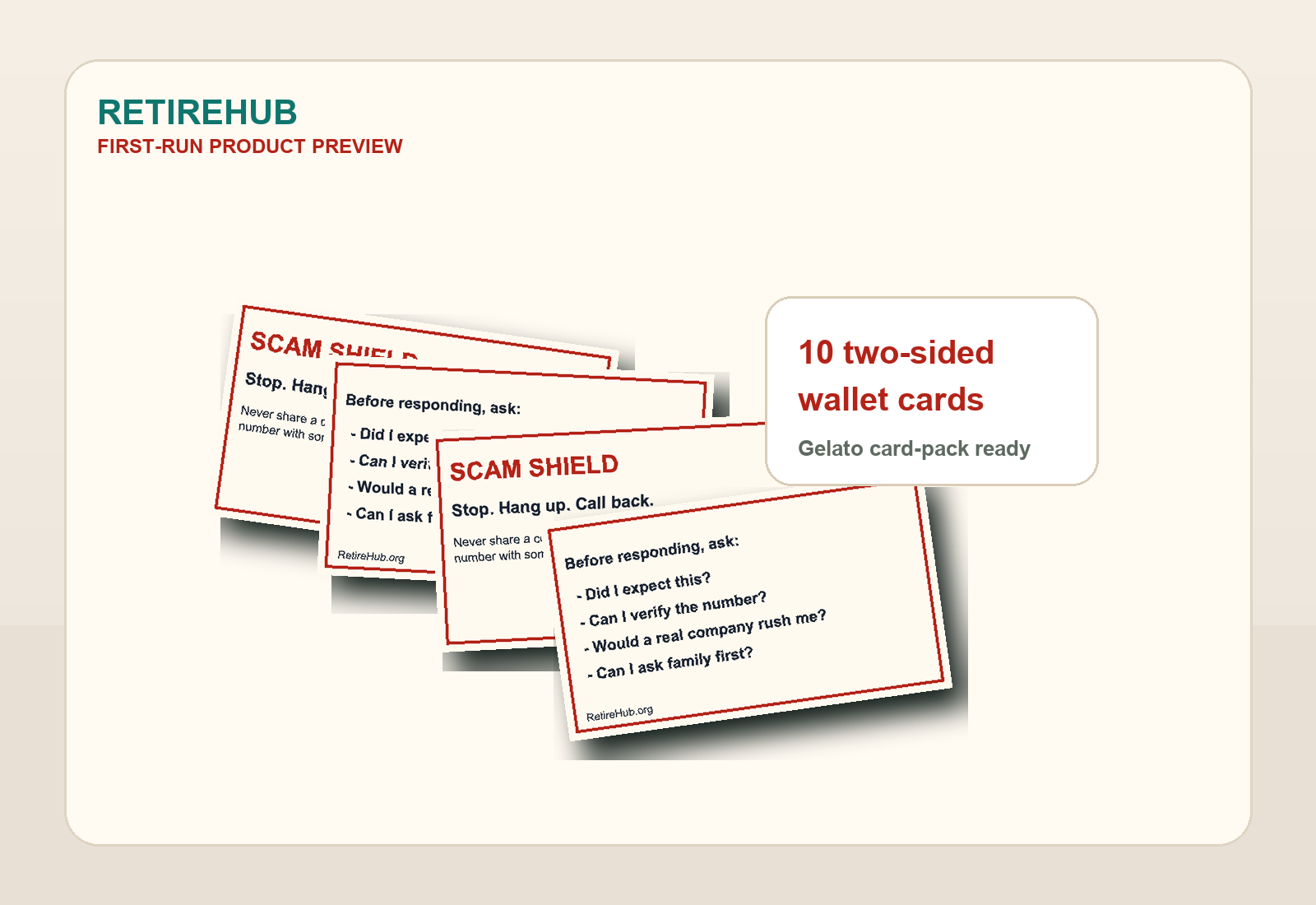 Production-file preview image for Scam Shield Wallet Card 10-Pack